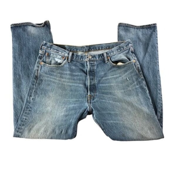 Levis Mens 36x32 501 Button Fly Distressed Original Fit Straight Leg Jeans, Hole - Picture 1 of 12
